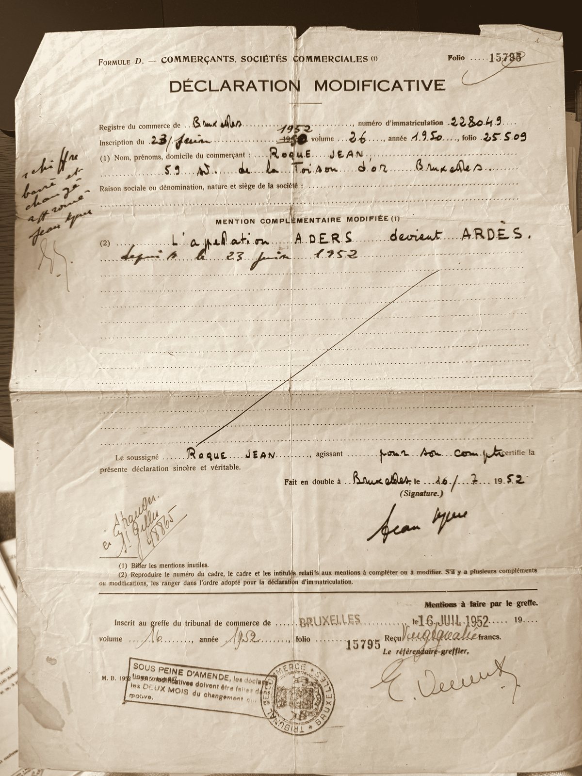 Registre de commerce, 1952 — l'appellation ADERS devient ARDÈS