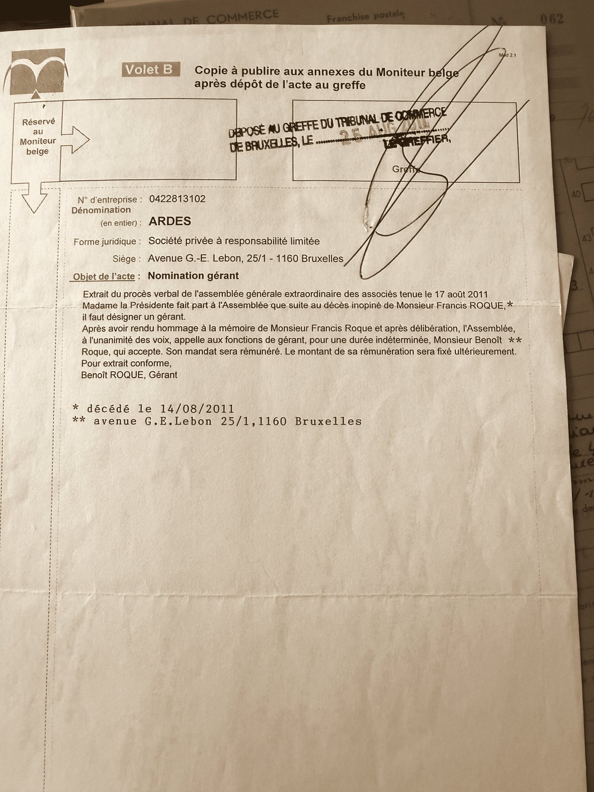 Moniteur belge, 2011 — nomination de Benoît Roque